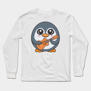 Adorable Penguin Playing Acoustic Guitar Cartoon Long Sleeve T-Shirt